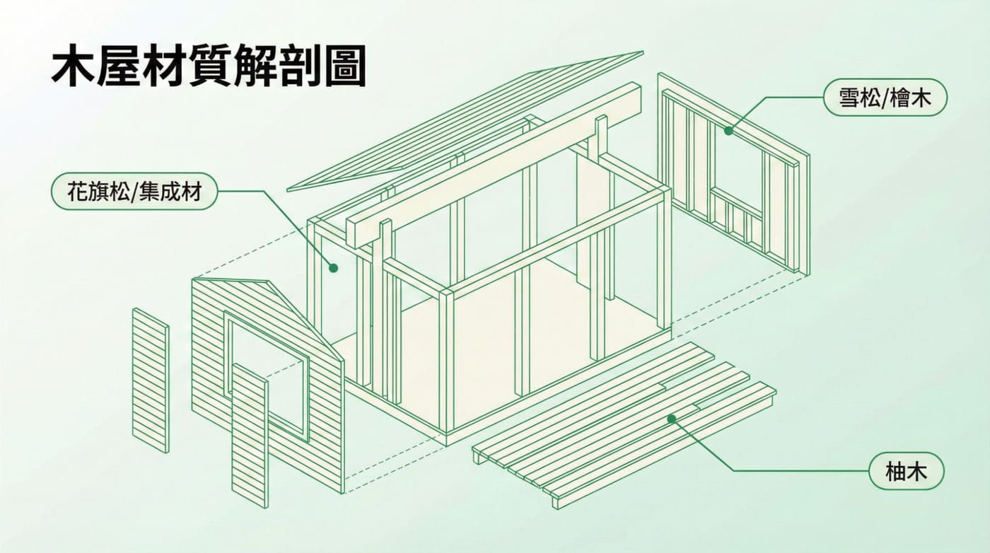 均旺木屋適材適用工法解剖圖：結構材、外牆與地板之樹種選擇