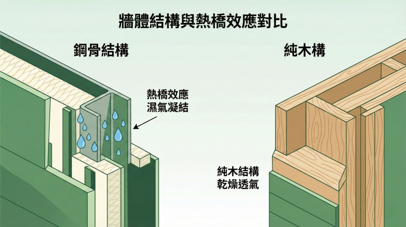鋼構建築冷橋效應導致結露生鏽 vs 純木構斷熱防潮原理剖面圖